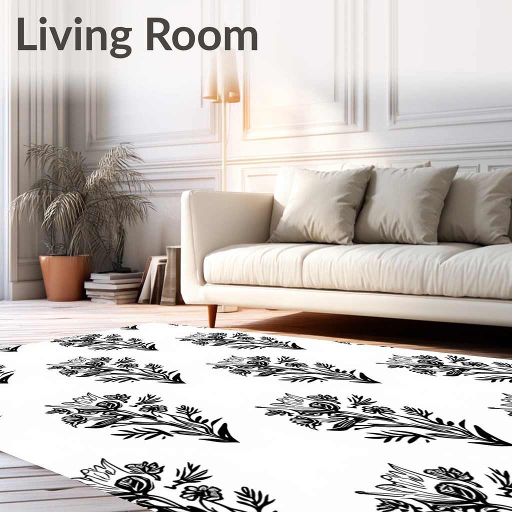 Black White Vintage Floral Bouquet Rug