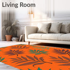 Orange background with maroon and teal leaves Rug