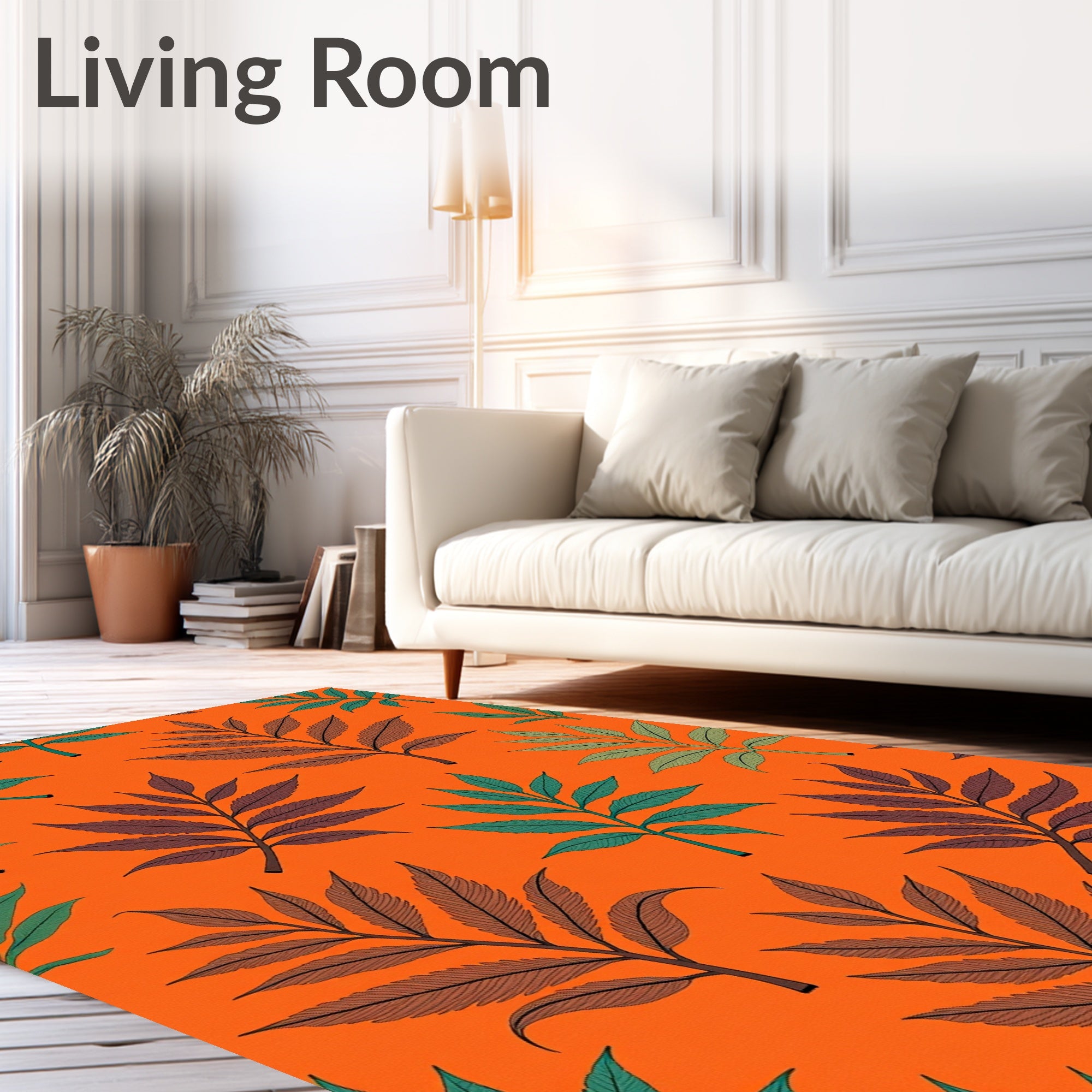 Orange background with maroon and teal leaves Rug