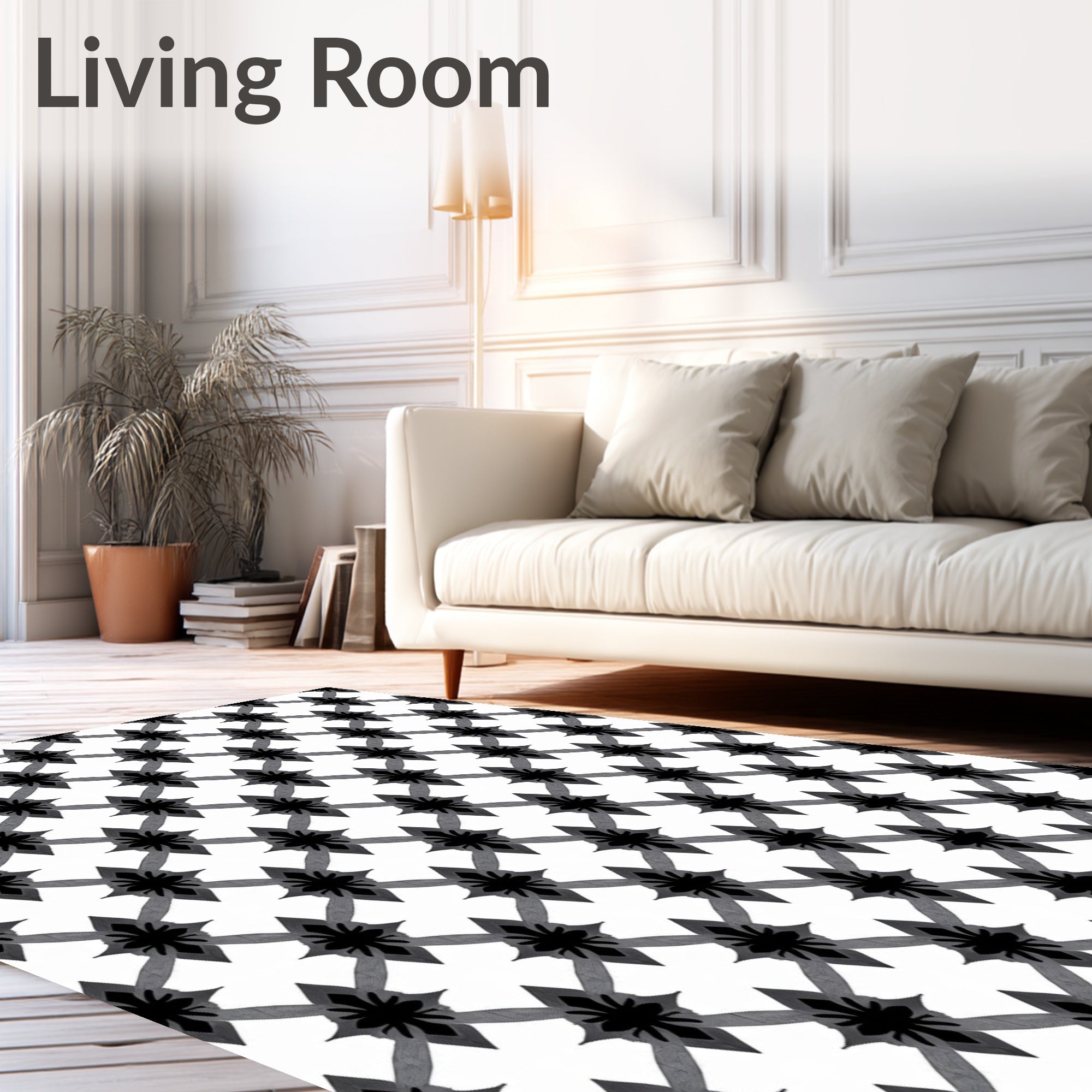 Black Gray Lattice Fleur de Lis Rug