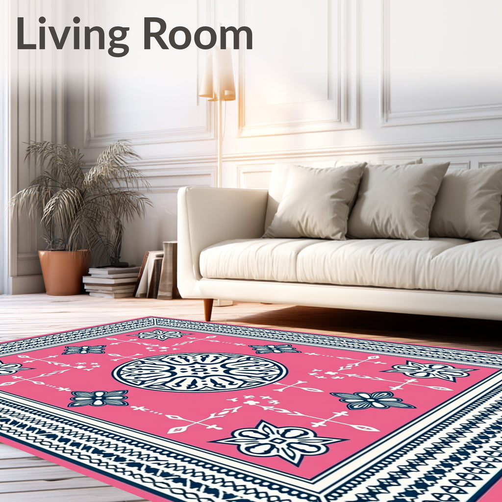 Vibrant Pink Geometric Medallion Border Rug