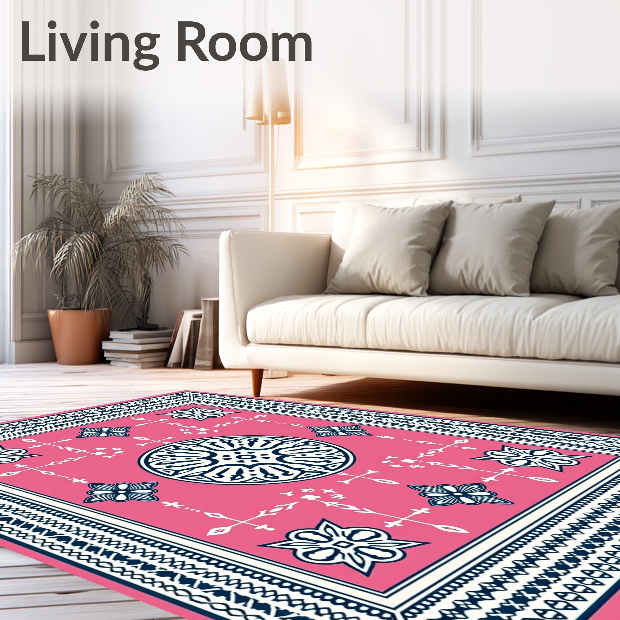 Vibrant Pink Geometric Medallion Border Rug
