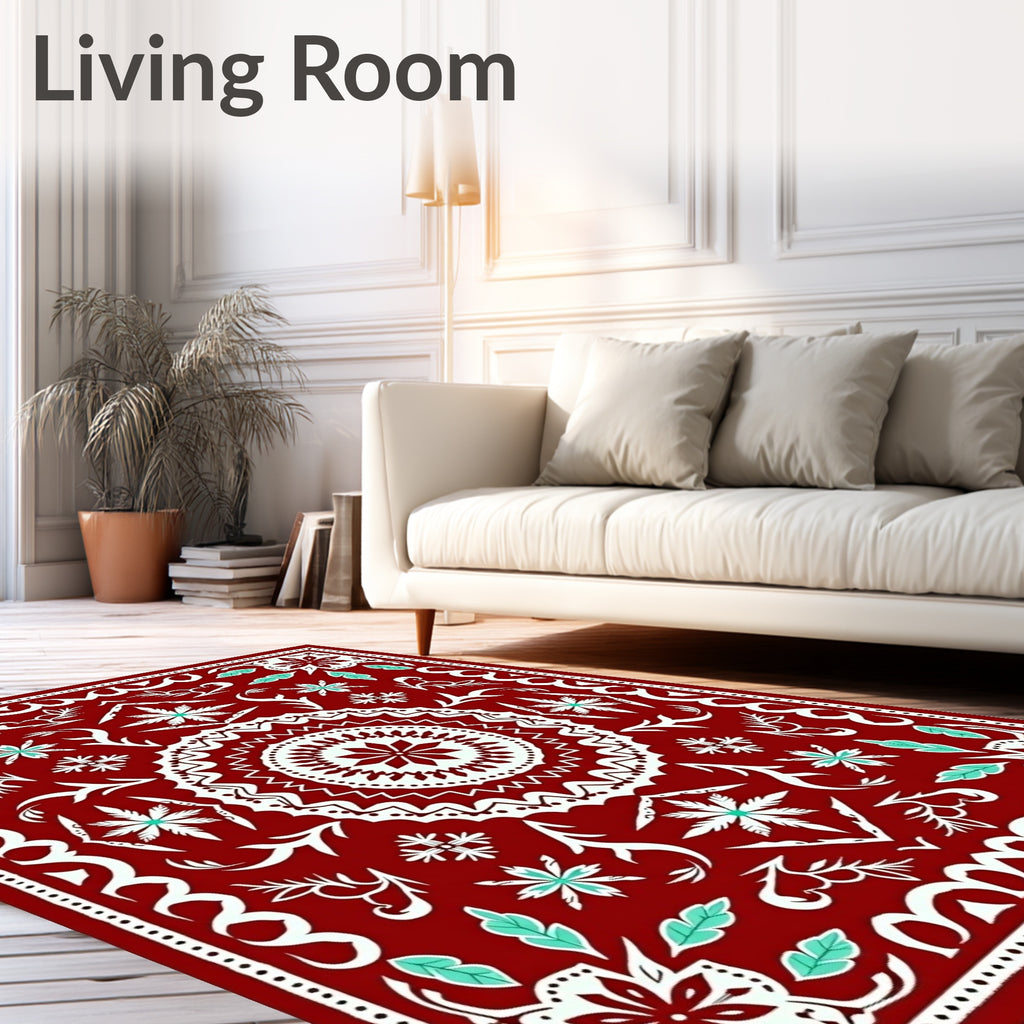 Crimson Tribal Medallion and Leaf Rug