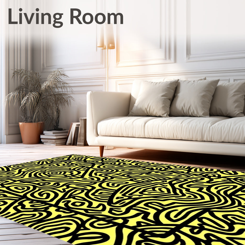 Black And Yellow Abstract Organic Lines Rug