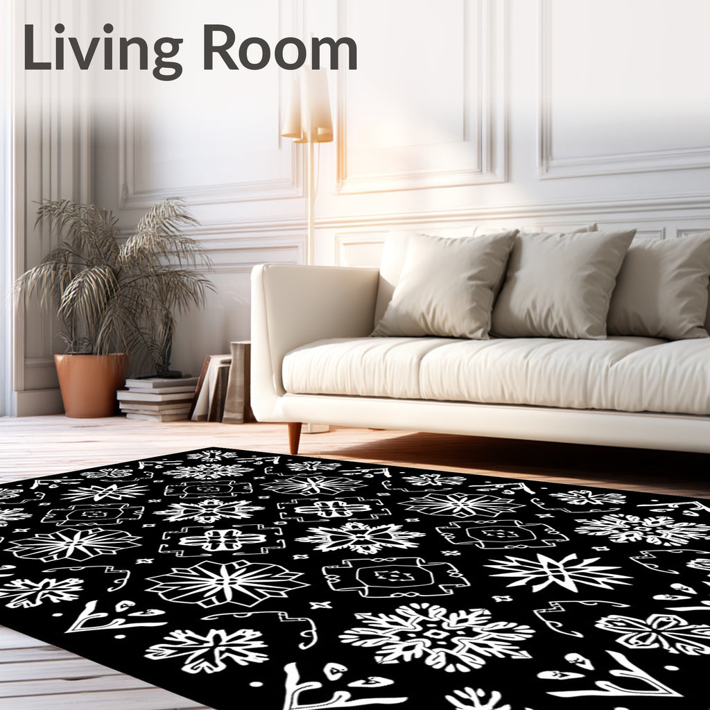 White Snowflakes on Black Background Rug