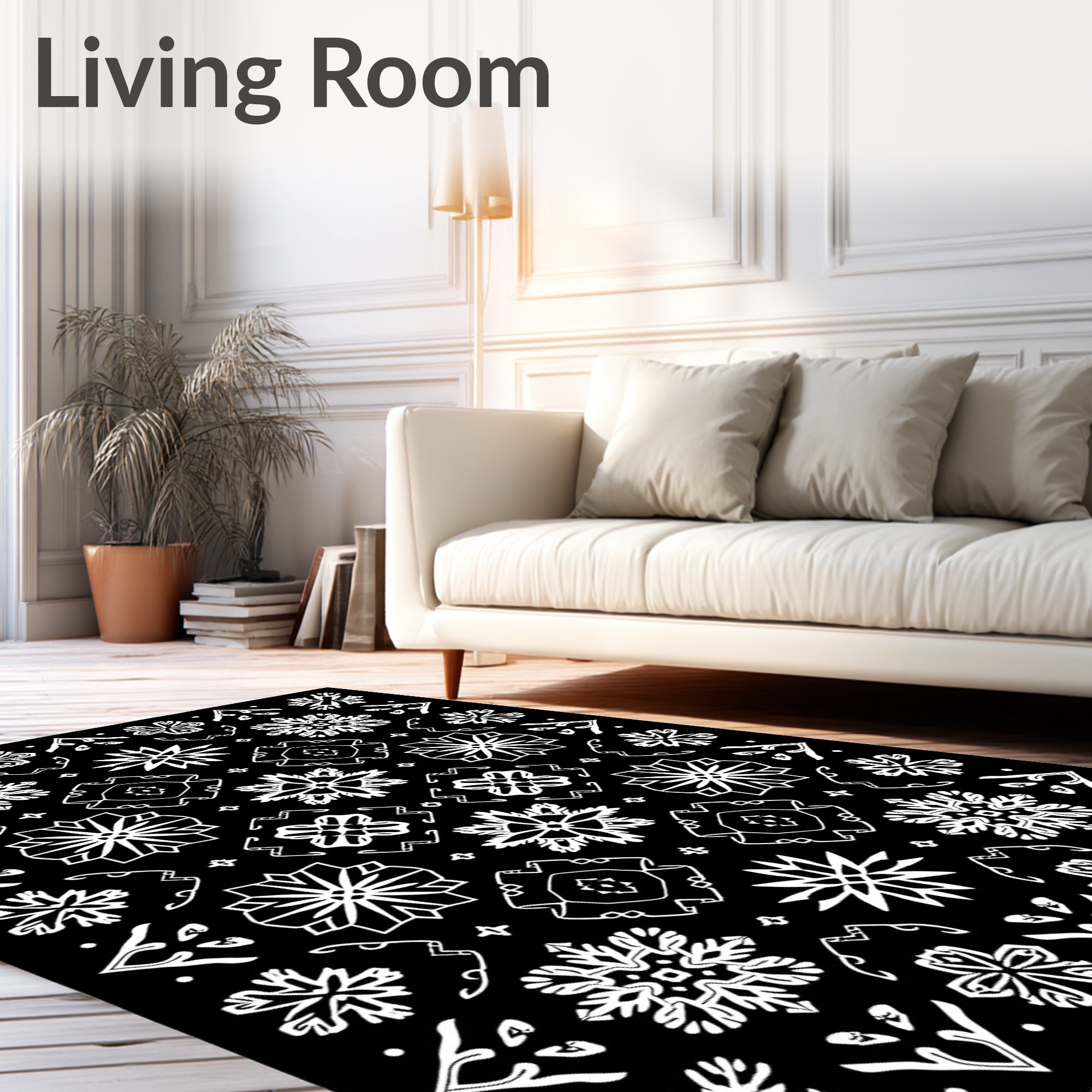 White Snowflakes on Black Background Rug