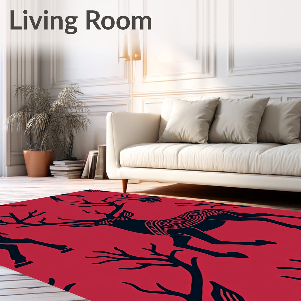 Crimson Red Deer Silhouette Repeating Pattern Rug