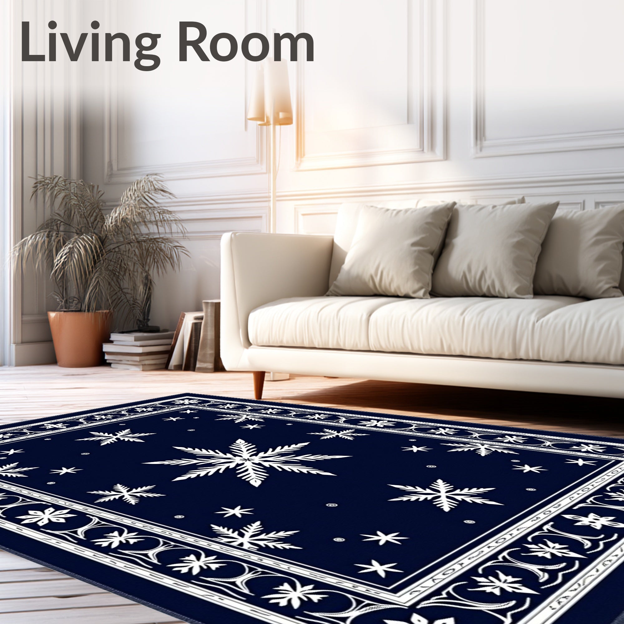 Navy White Snowflake Border Art Rug