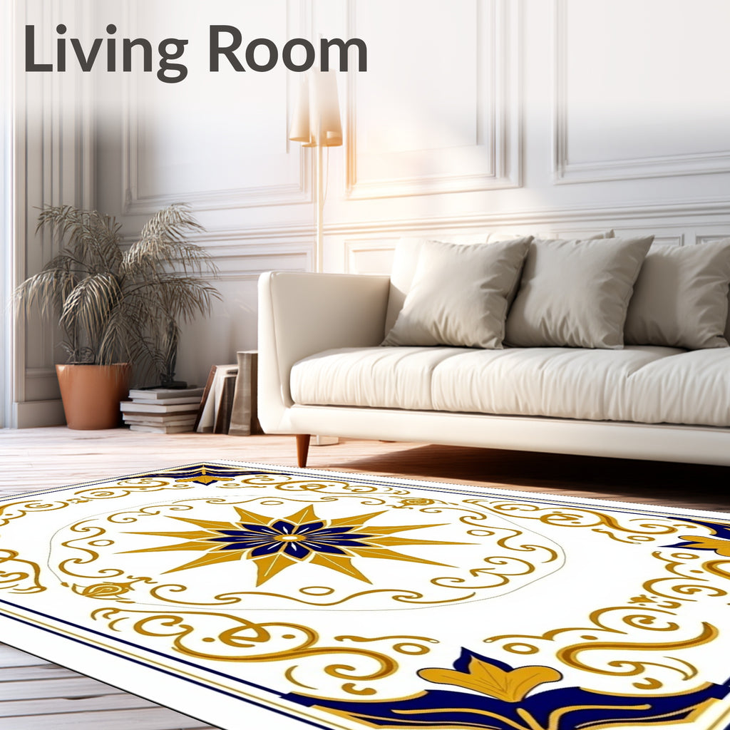 Golden Starburst Blue Floral Tile Rug