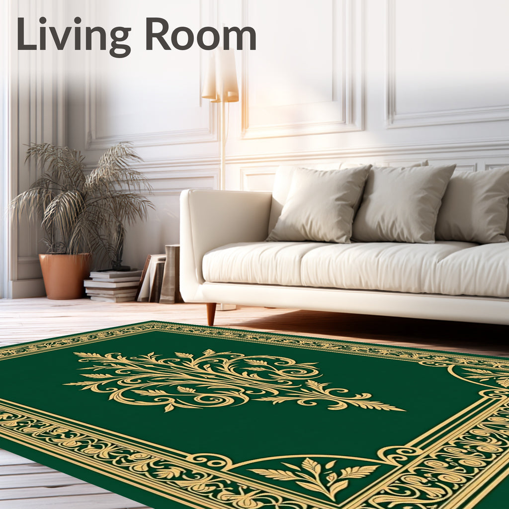 Emerald Green Gold Filigree Scrollwork Rug
