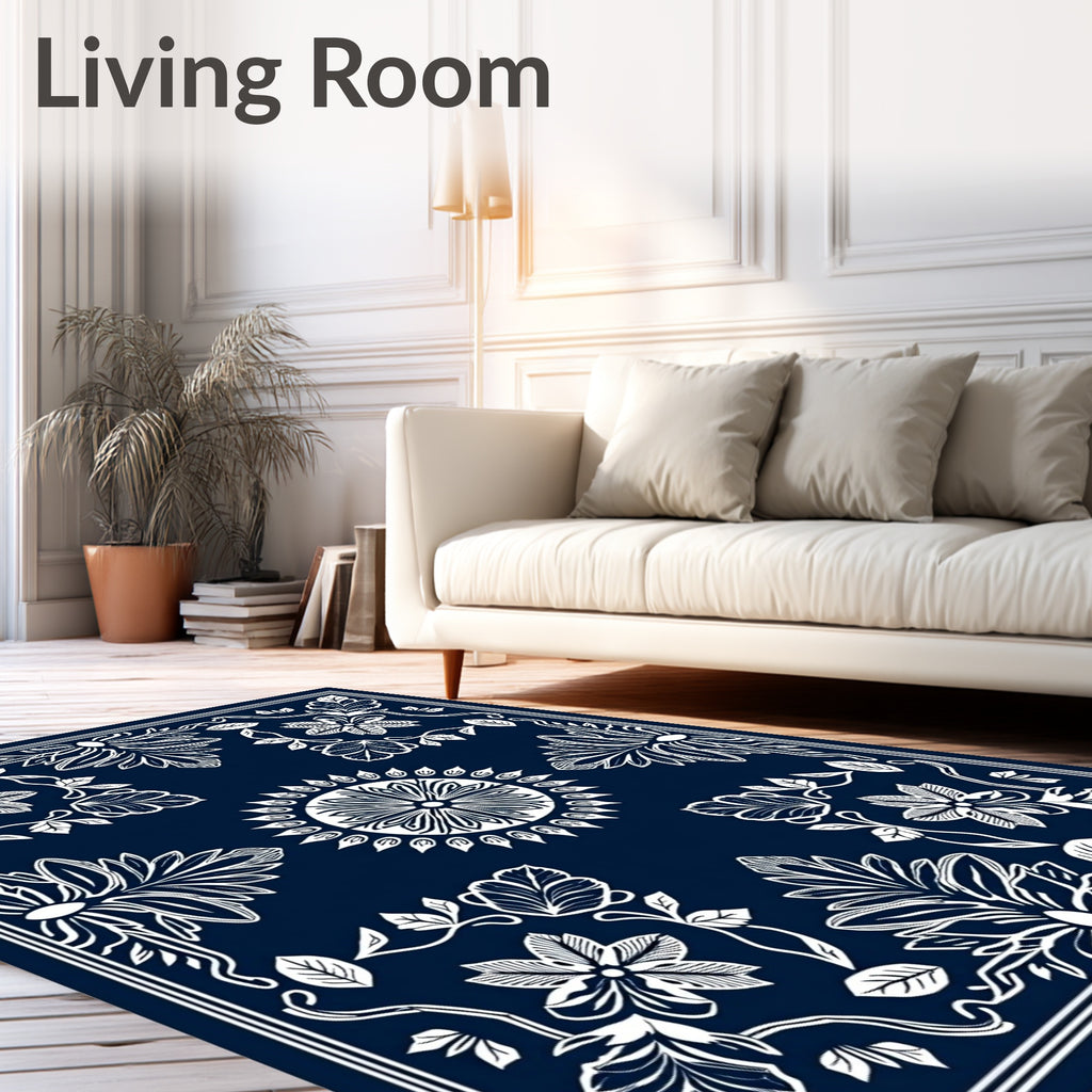 Deep Blue White Victorian Floral Medallion Rug