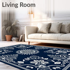 Deep Blue White Victorian Floral Medallion Rug
