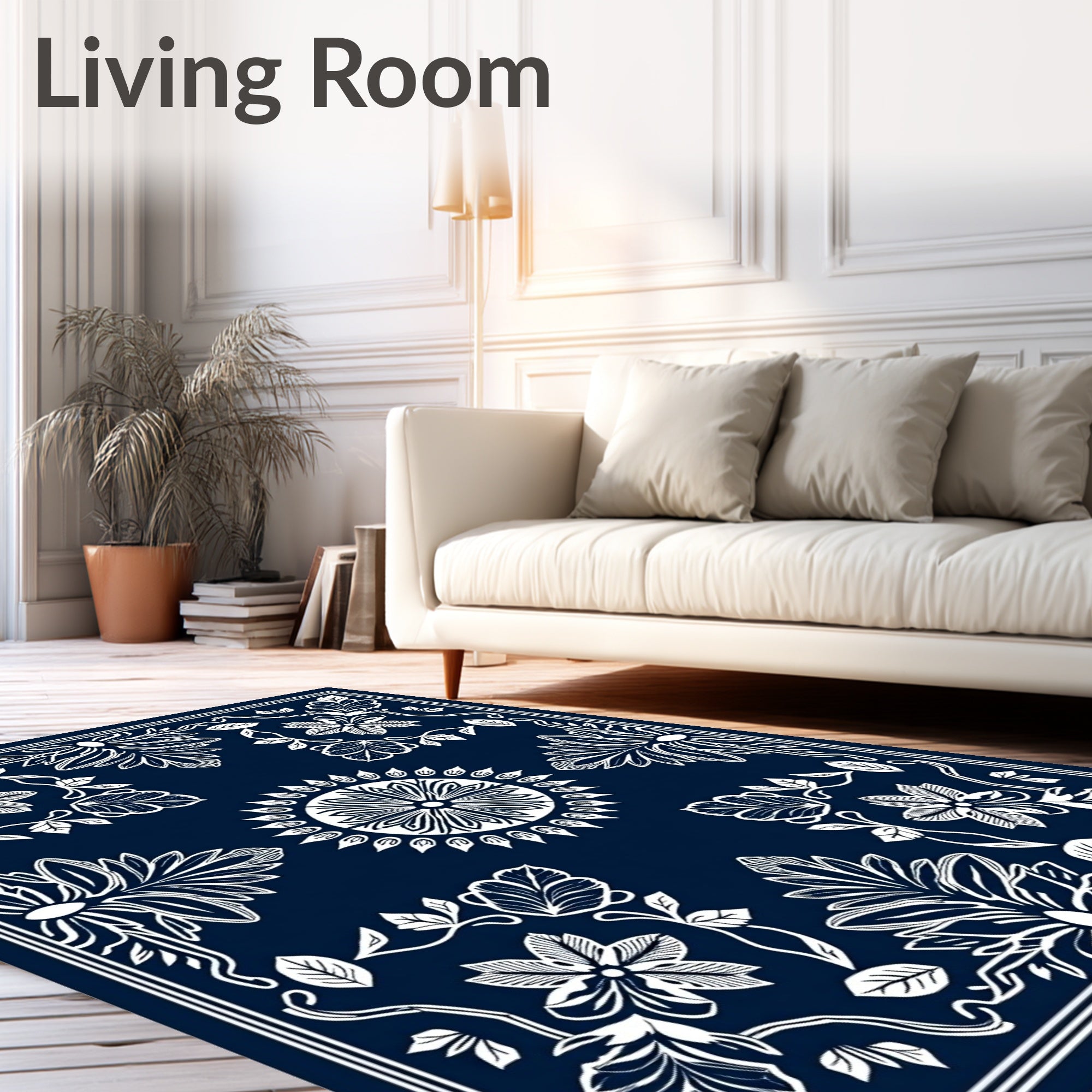 Deep Blue White Victorian Floral Medallion Rug