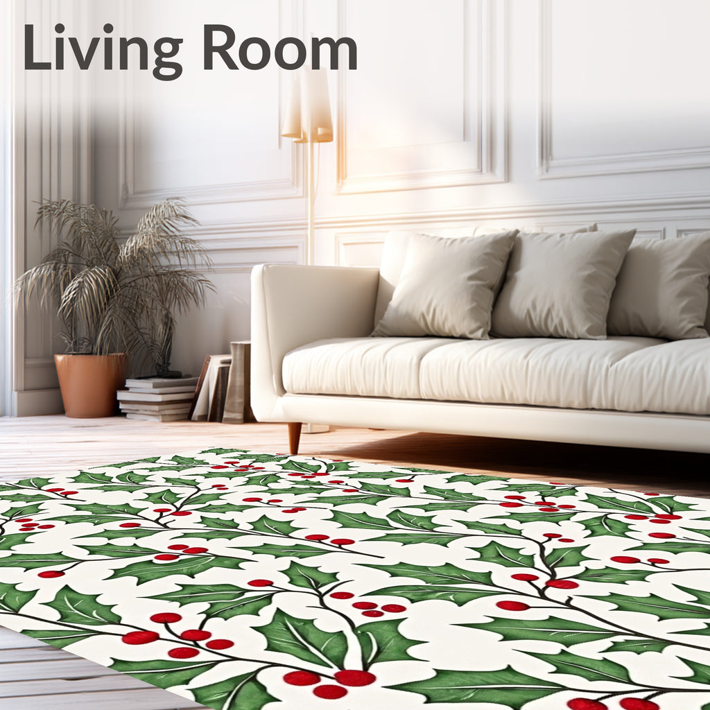 Festive Green Holly Berry Sprigs Rug