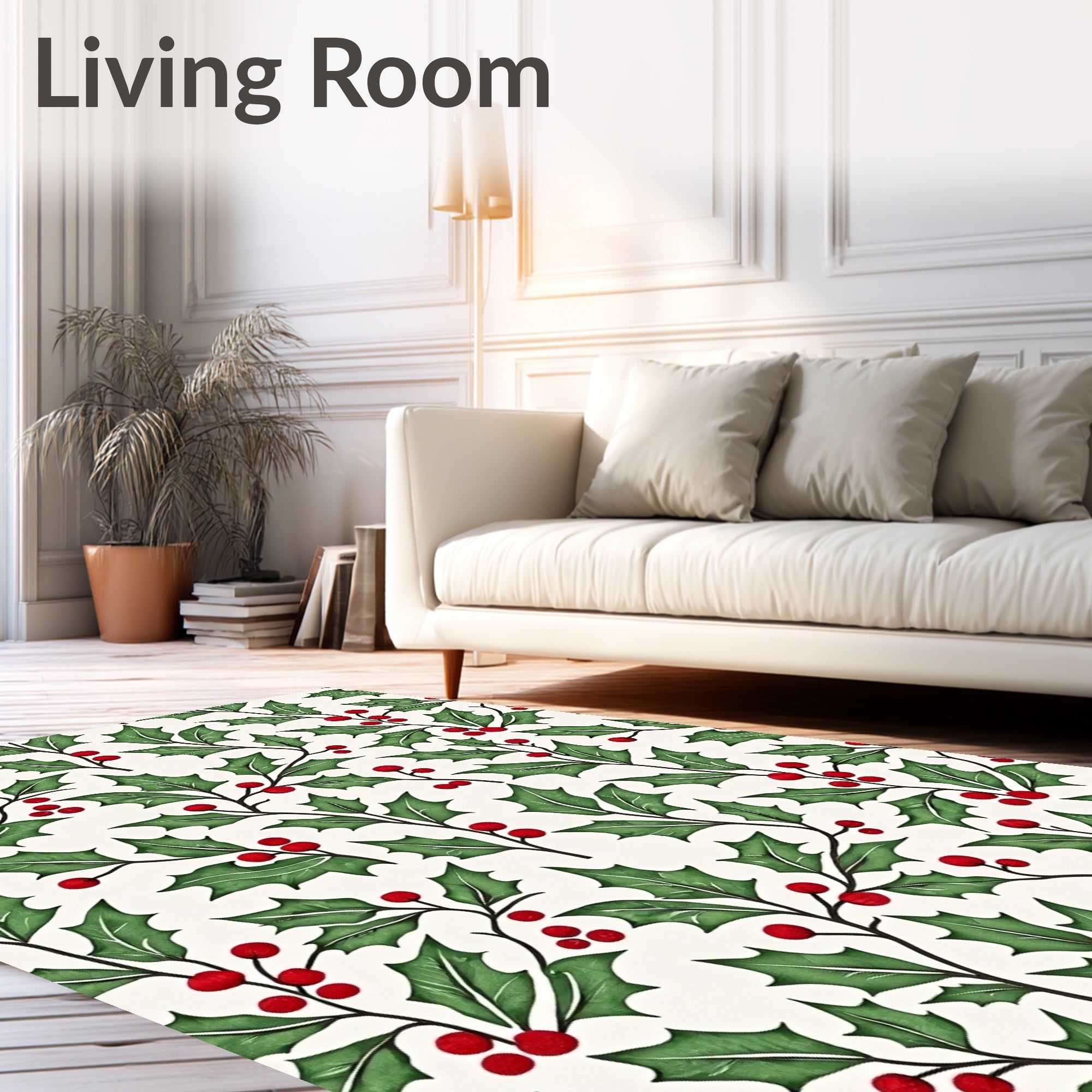 Festive Green Holly Berry Sprigs Rug
