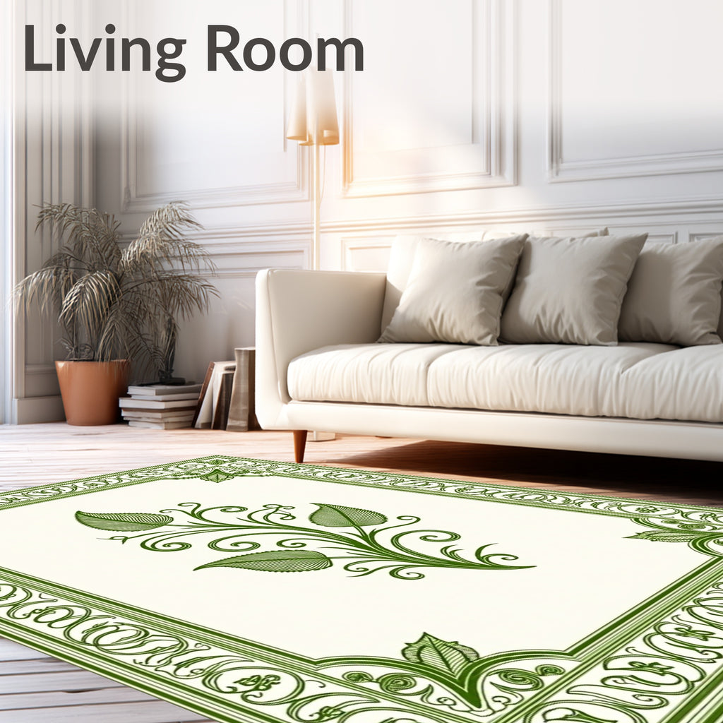 Elegant Green Leaf Scroll Border Rug