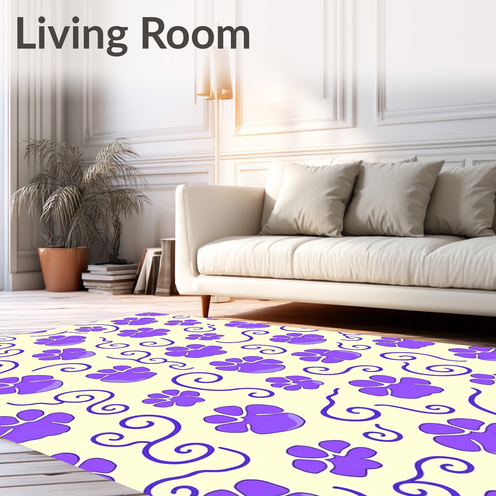 Purple Paw Prints Swirls Cream Background Rug
