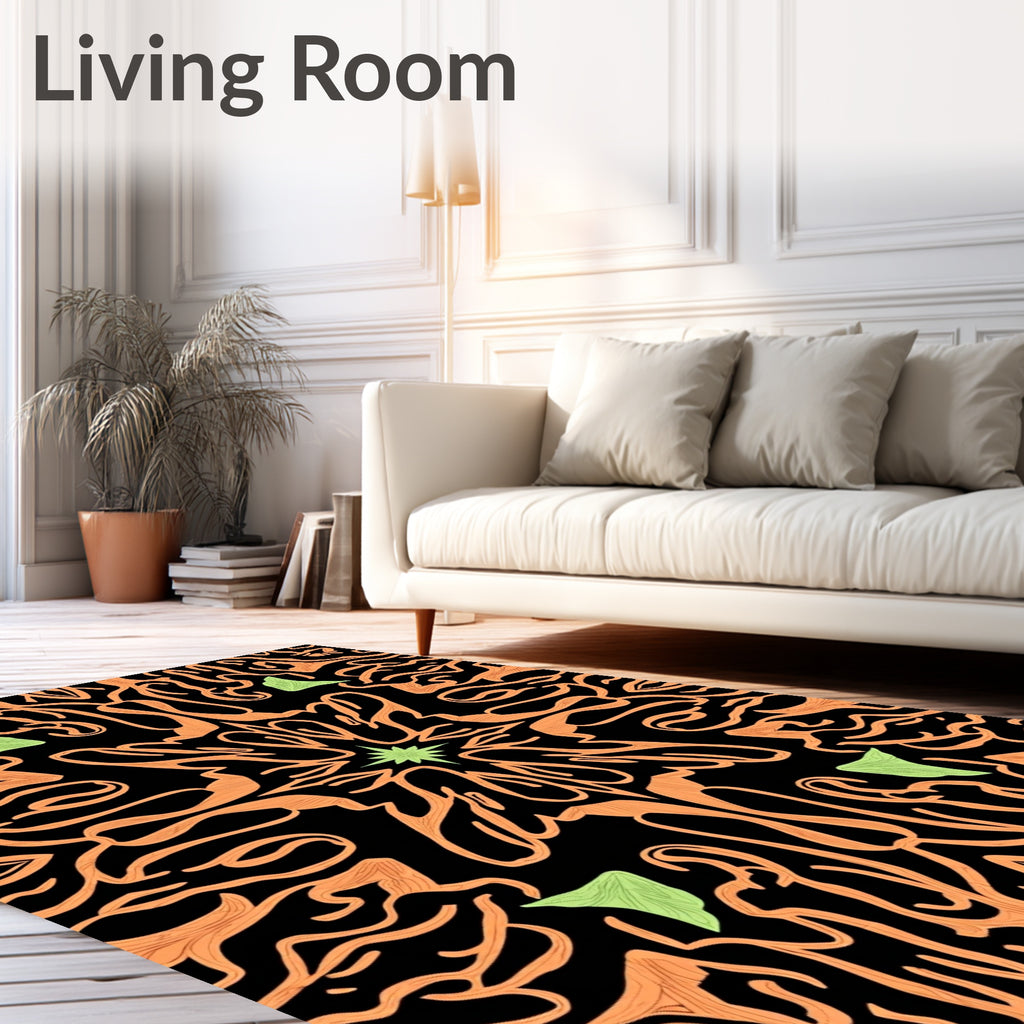 Orange Swirl Starburst Green Leaf Rug