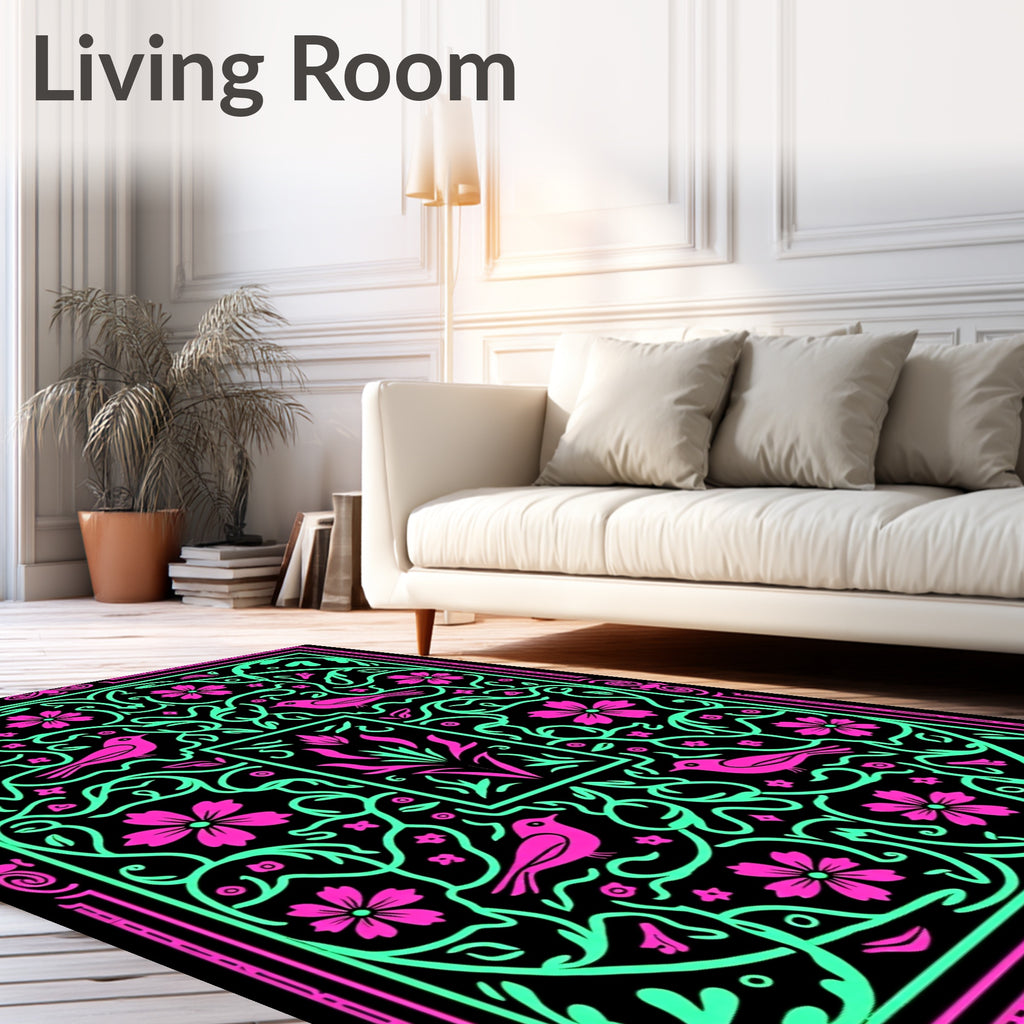 Vibrant Pink Birds Floral Garden Border Rug