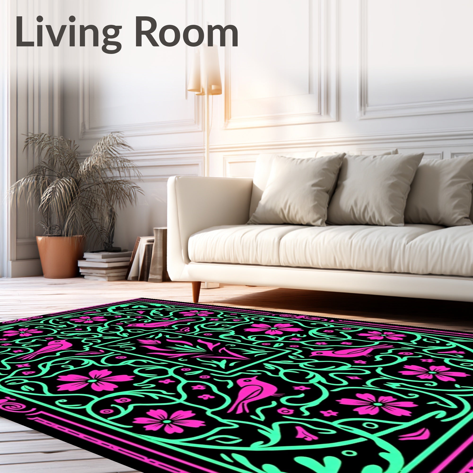 Vibrant Pink Birds Floral Garden Border Rug