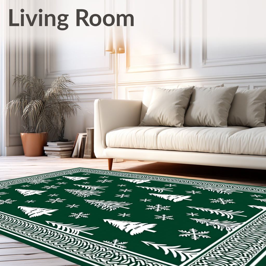 Forest Green Christmas Trees Snowflakes Border Rug