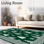 Forest Green Christmas Trees Snowflakes Border Rug
