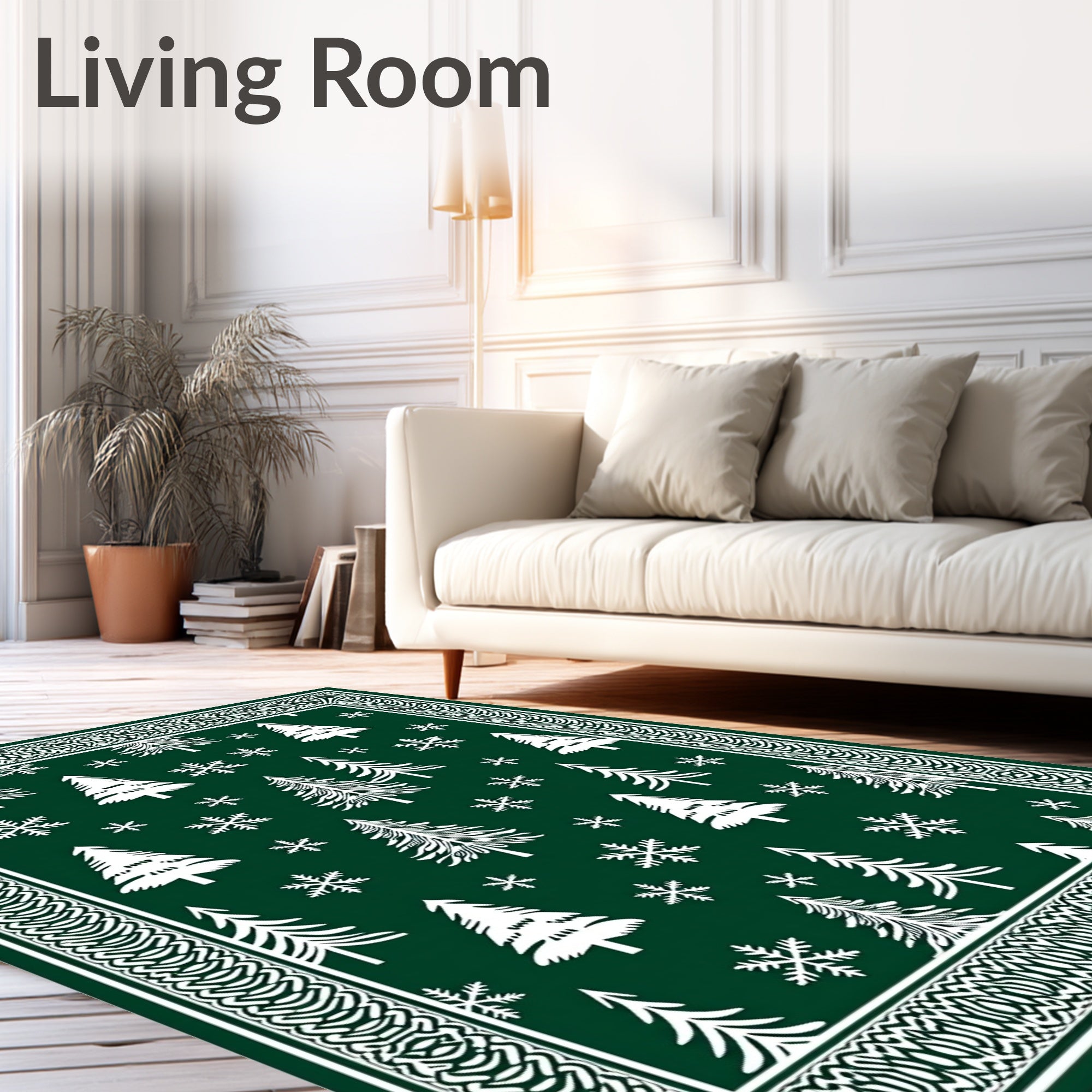 Forest Green Christmas Trees Snowflakes Border Rug