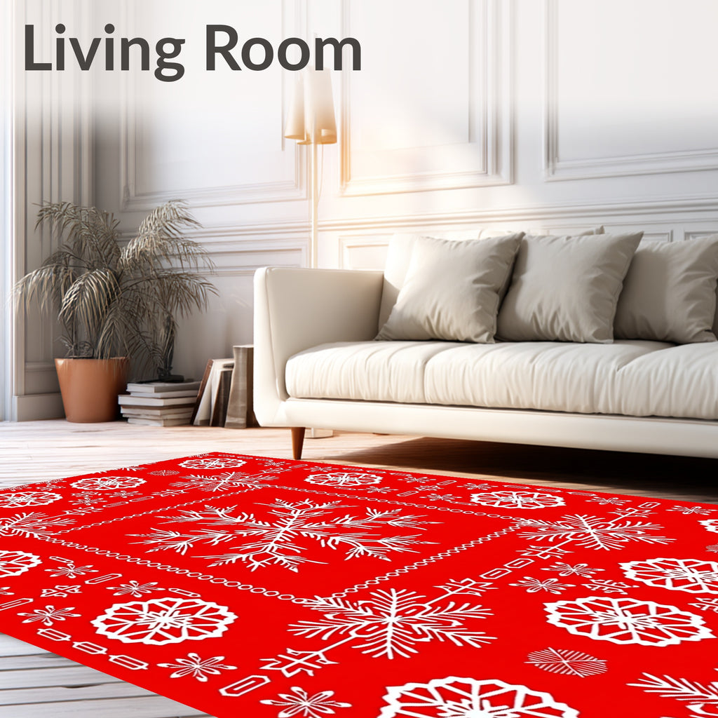 White Snowflakes on Bold Red Background Rug