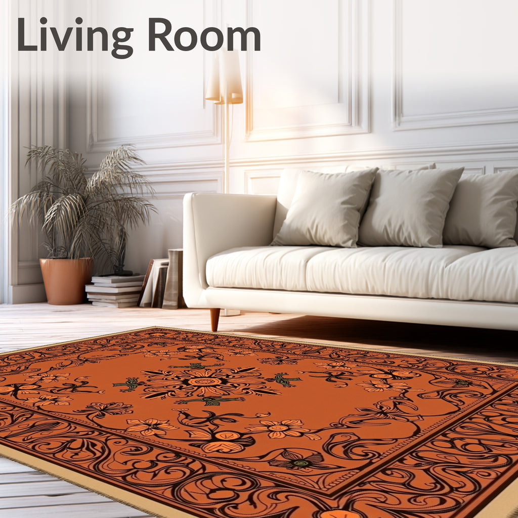 Fiery Orange Floral Medallion Accent Rug