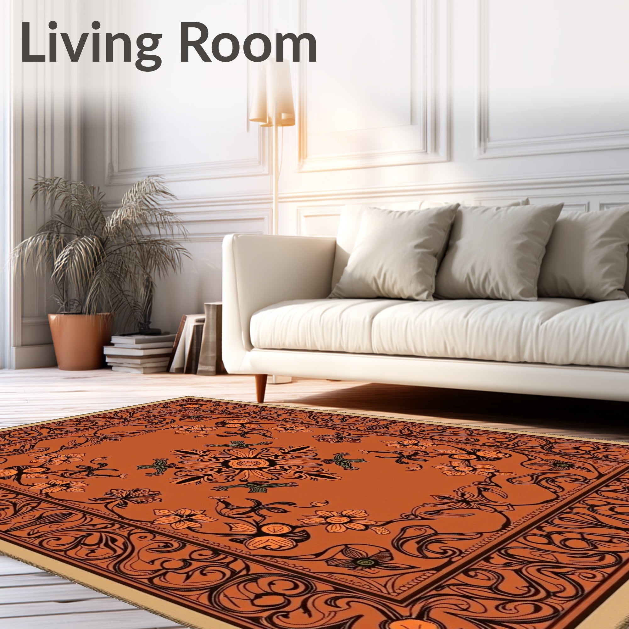 Fiery Orange Floral Medallion Accent Rug