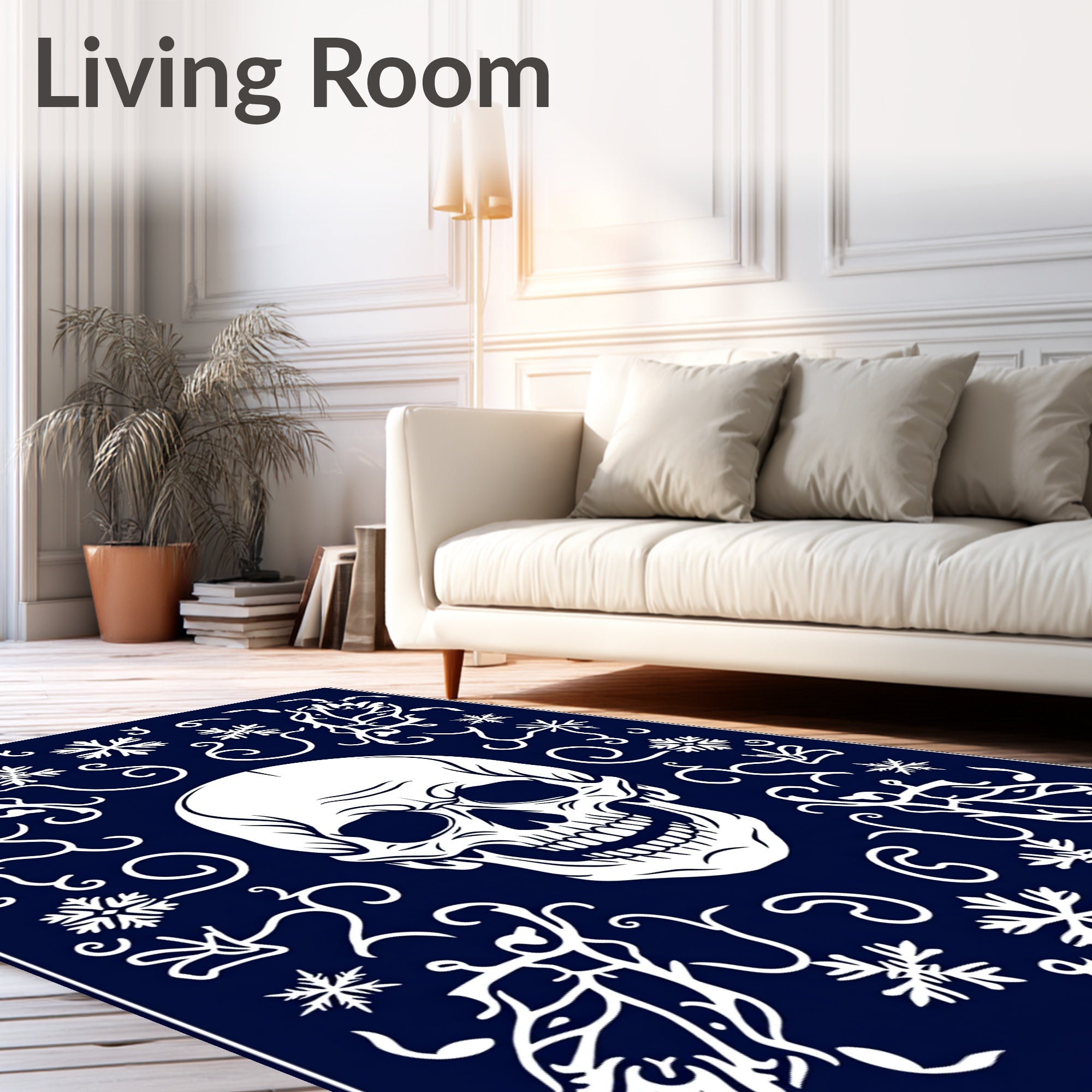 Dark Blue White Skull Floral Snowflake Rug