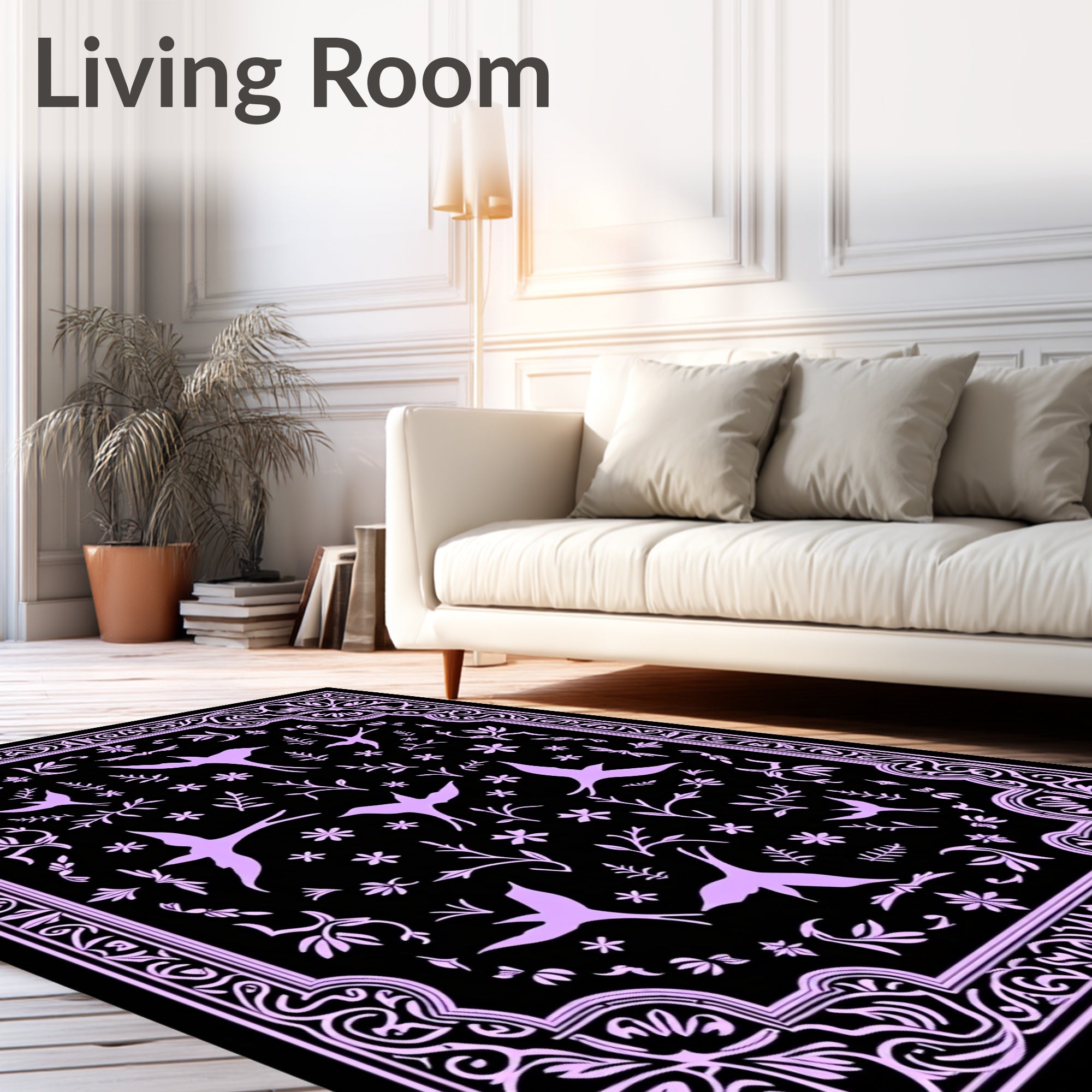 Ornate Lilac Bird and Floral Border Rug
