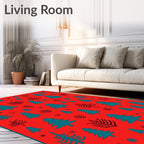 Teal Pine Forest on Red Background Rug