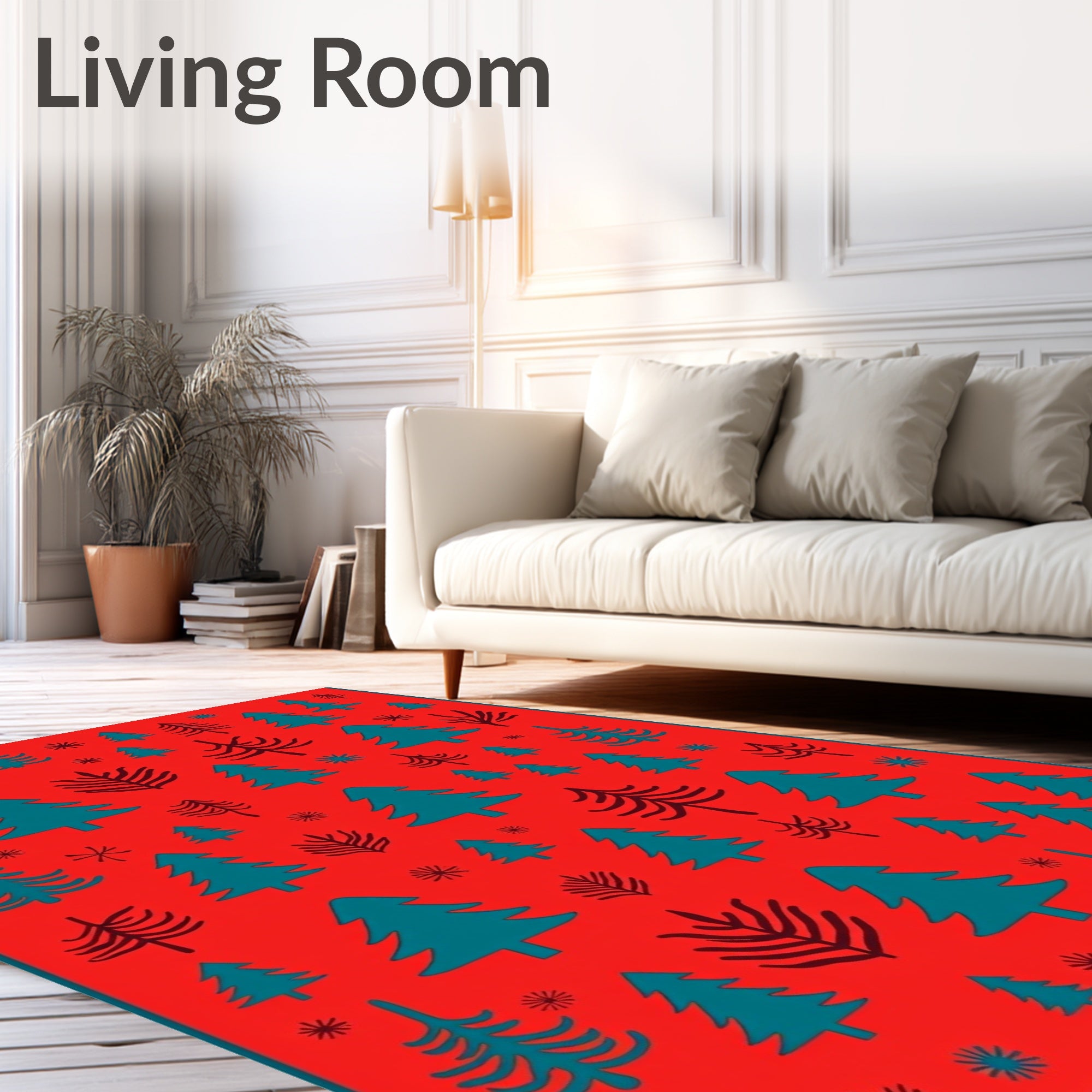 Teal Pine Forest on Red Background Rug