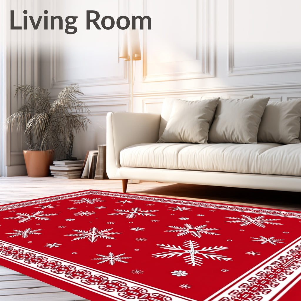 Red White Snowflake Holiday Border Rug