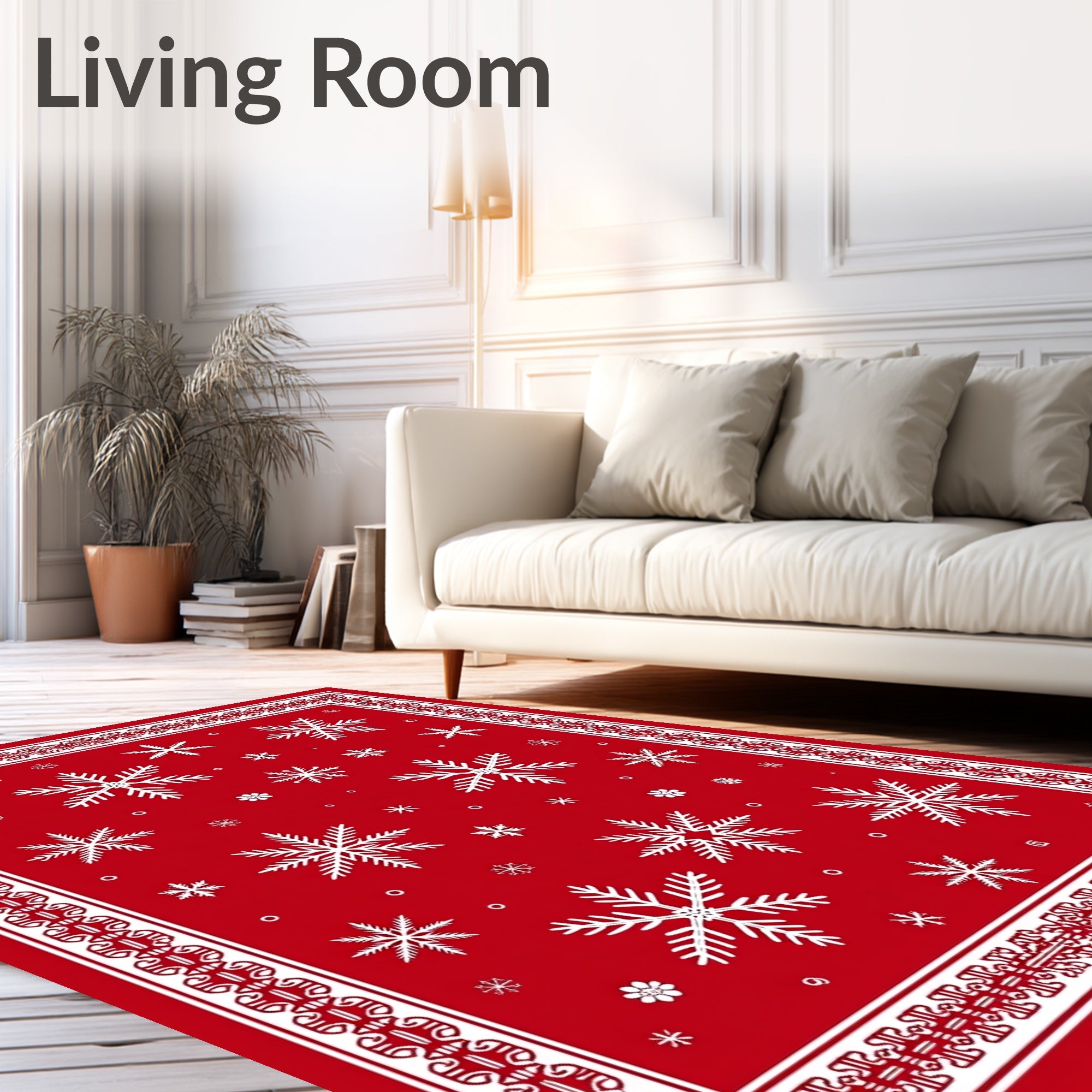 Red White Snowflake Holiday Border Rug