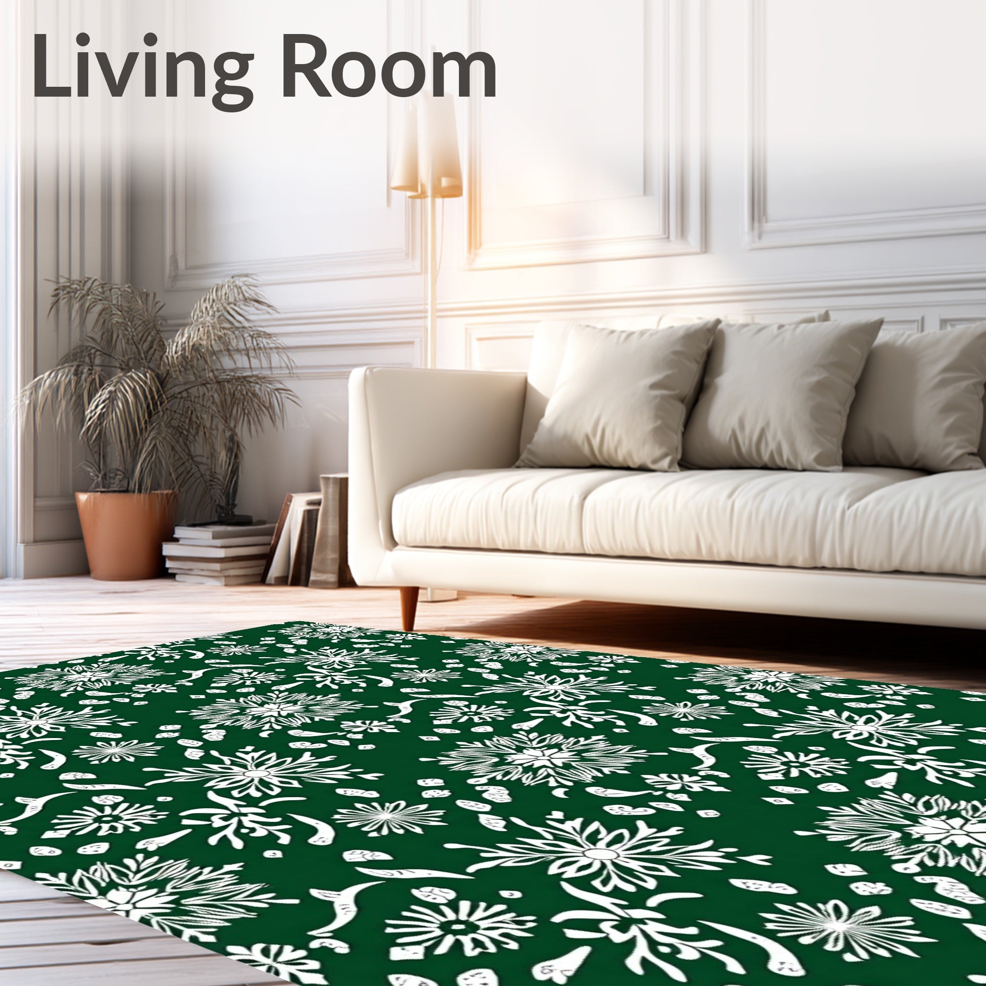 White Floral Snowflakes On Deep Green Rug