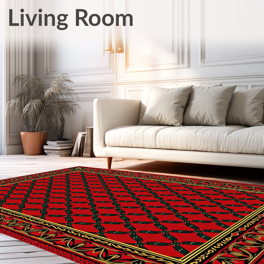 Crimson And Green Interlocking Diamond Border Rug