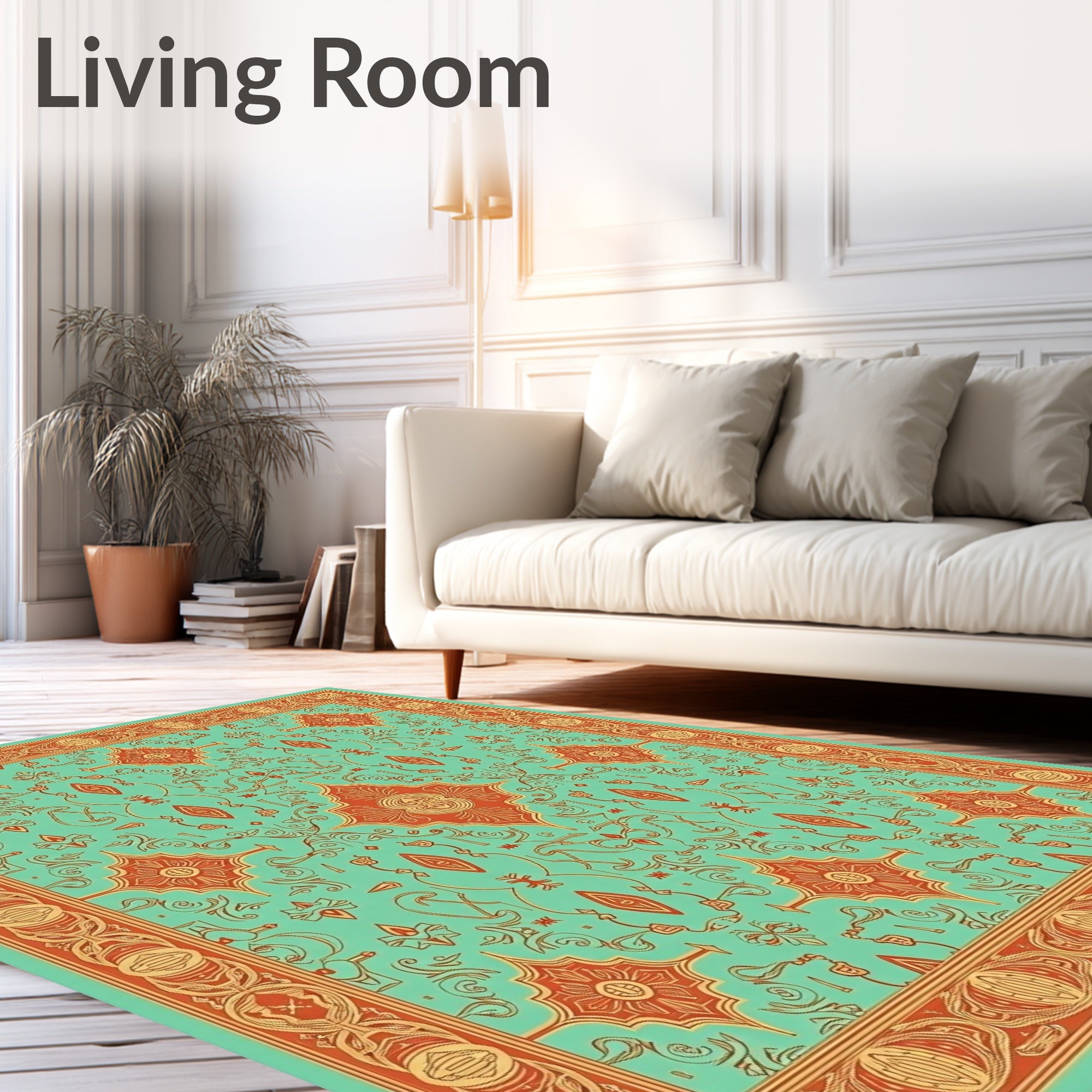 Teal Orange Ornate Medallion Border Rug