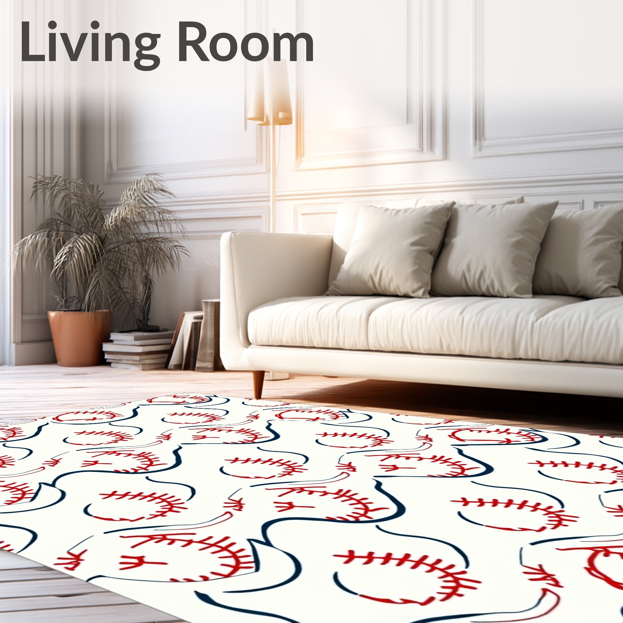 Red Baseball Swirls Cream Rug
