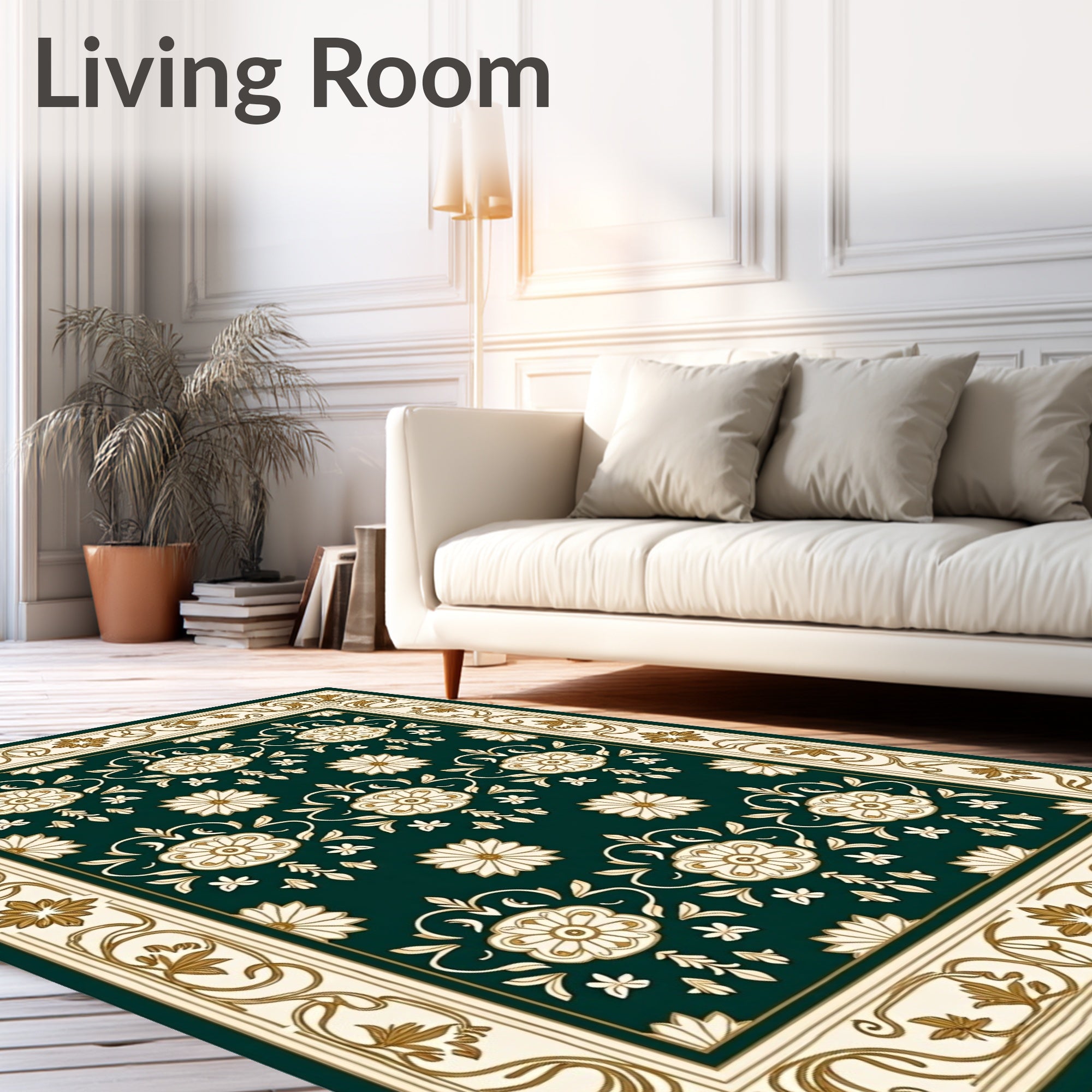 Deep Green Floral Ornate Border Rug