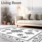 Classic Black White Floral Medallion Border Rug