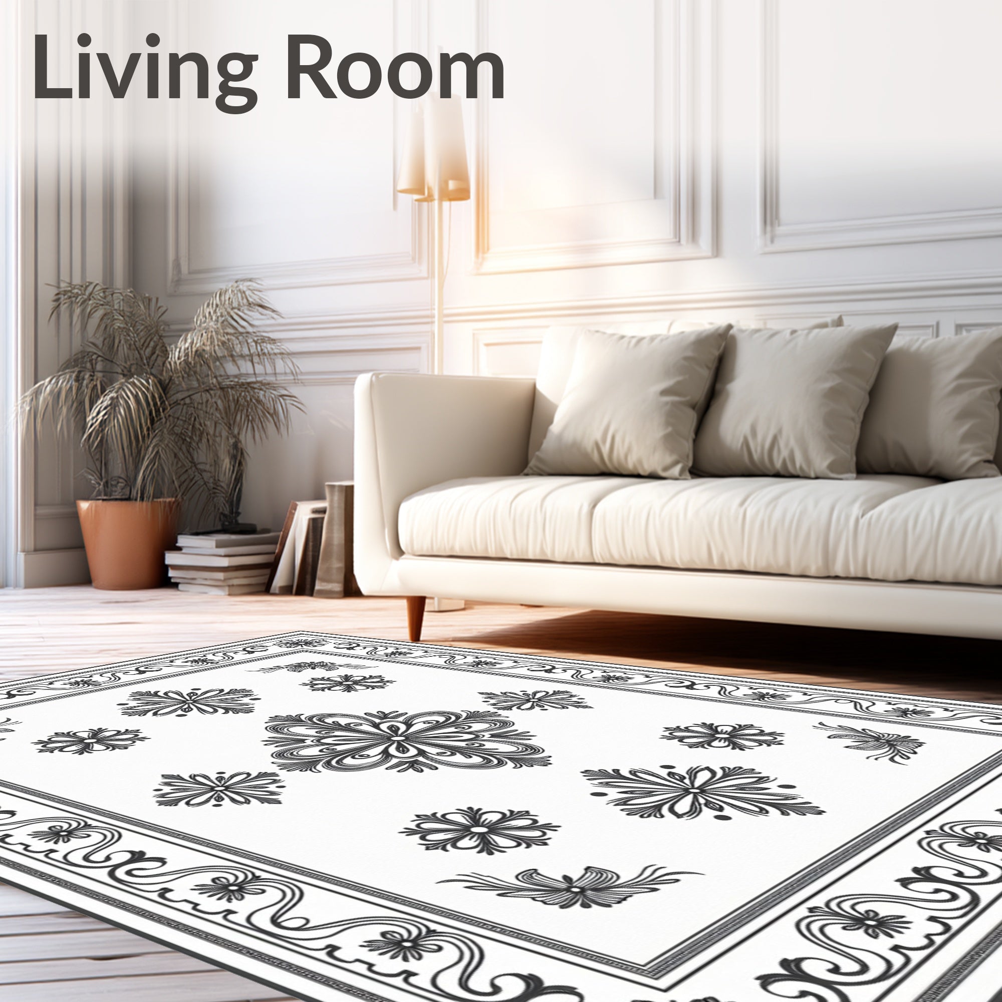Classic Black White Floral Medallion Border Rug