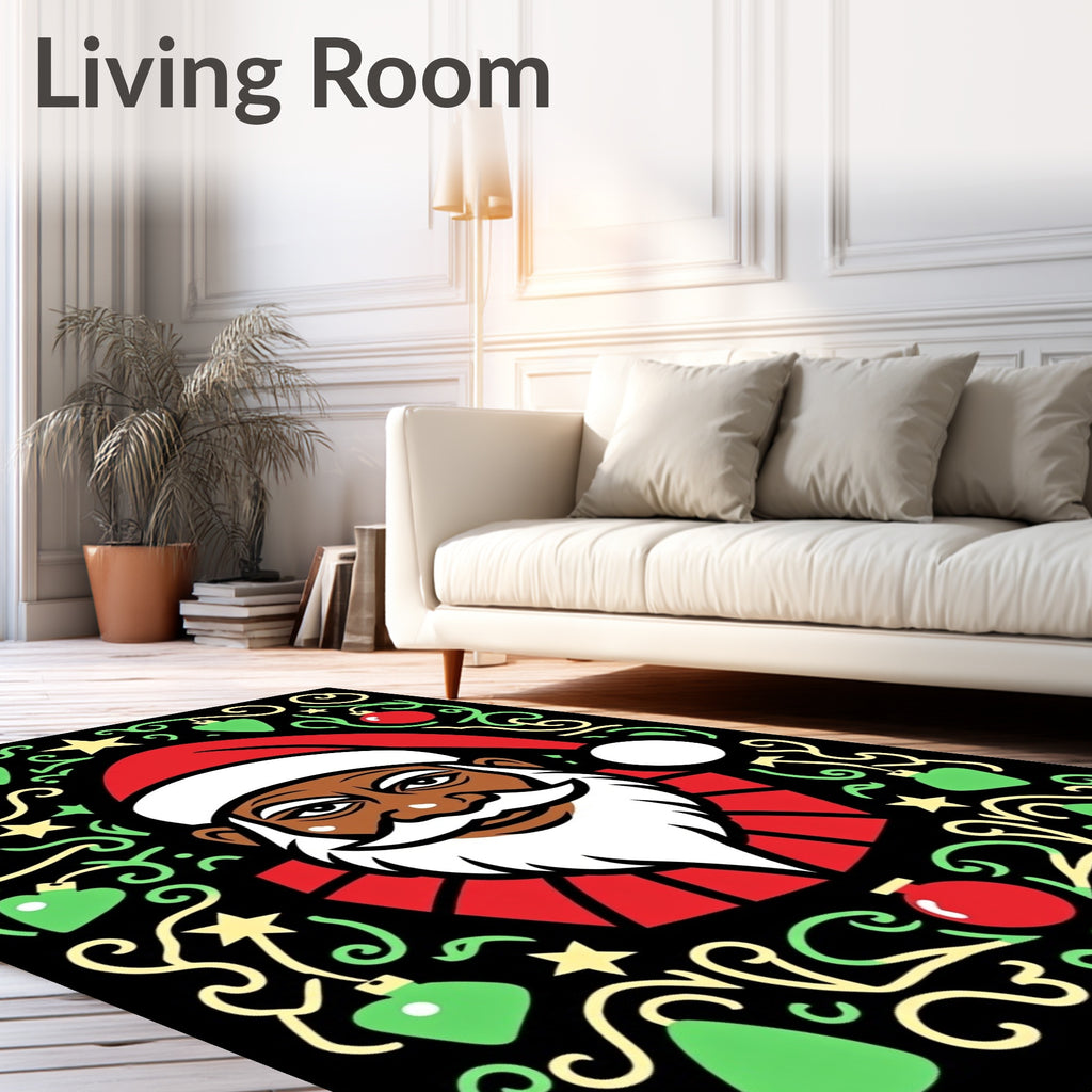 Festive Black Santa Holiday Ornament Rug