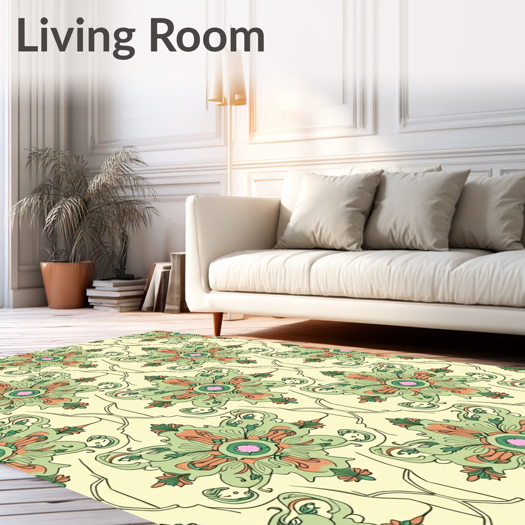 Ornate Cream Green Floral Medallion Repeat Rug