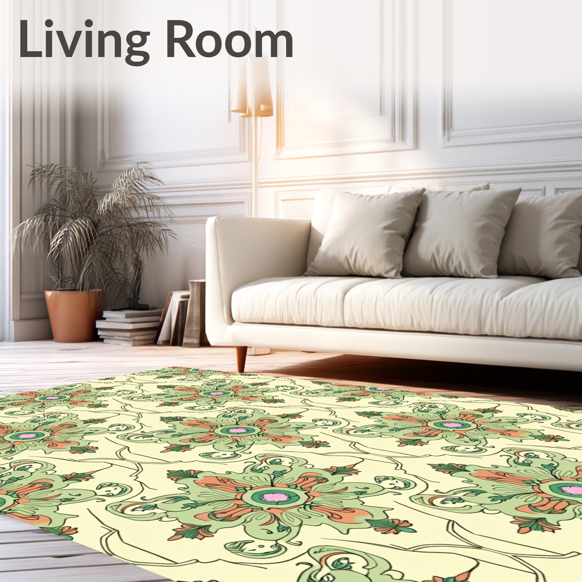 Ornate Cream Green Floral Medallion Repeat Rug