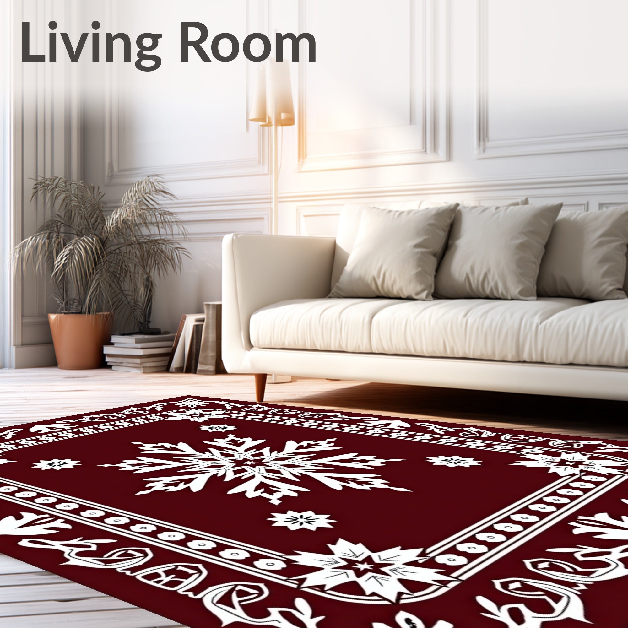 Crimson White Snowflake Medallion Border Rug