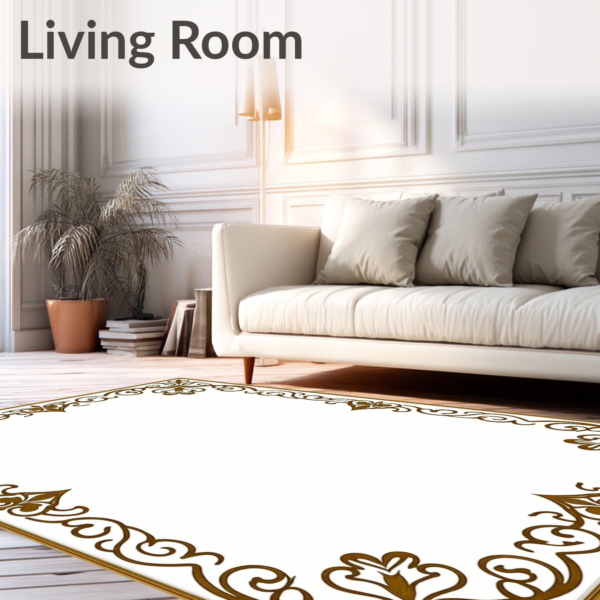 Ornate Brown Scrollwork Floral Frame Rug