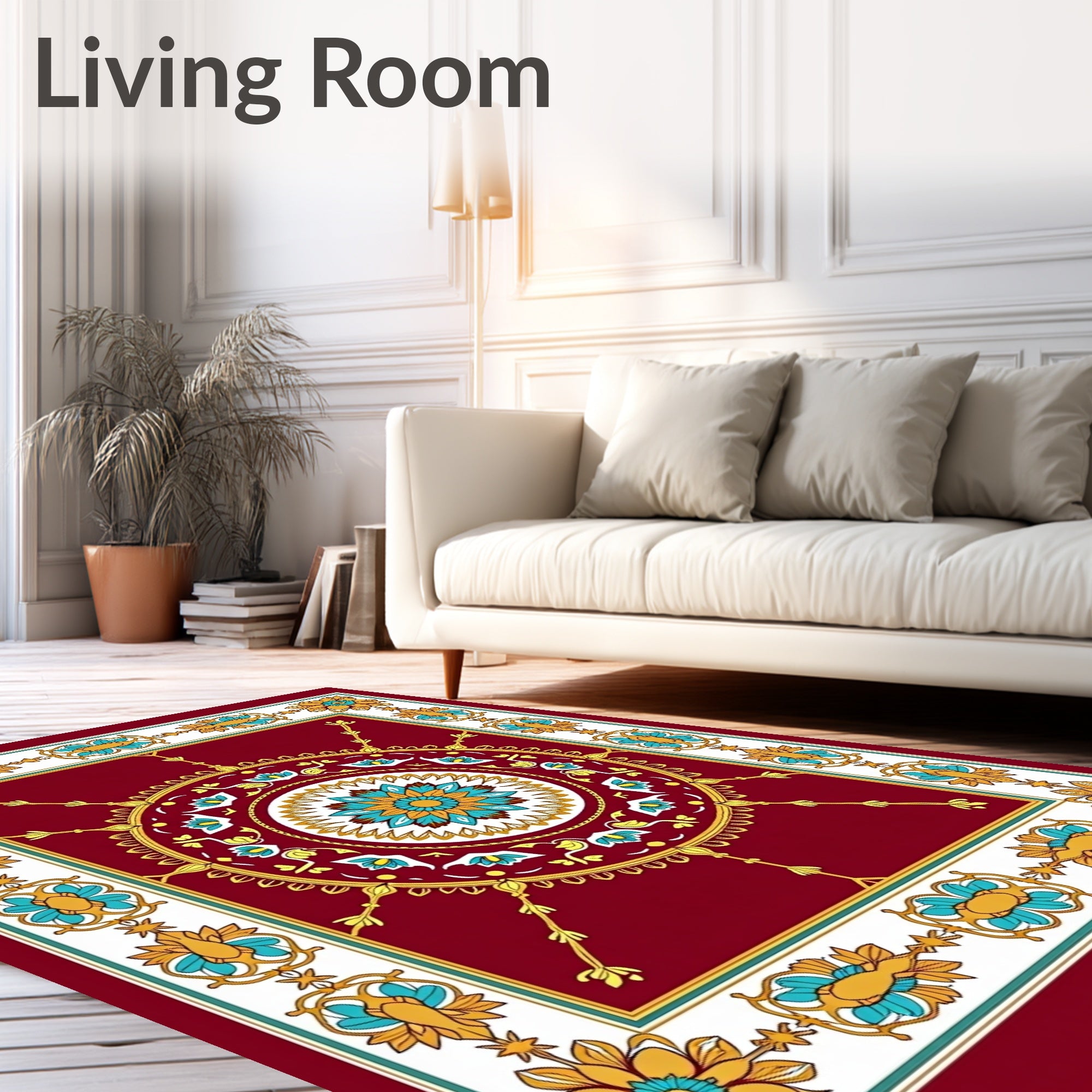 Maroon Golden Turquoise Floral Medallion Rug