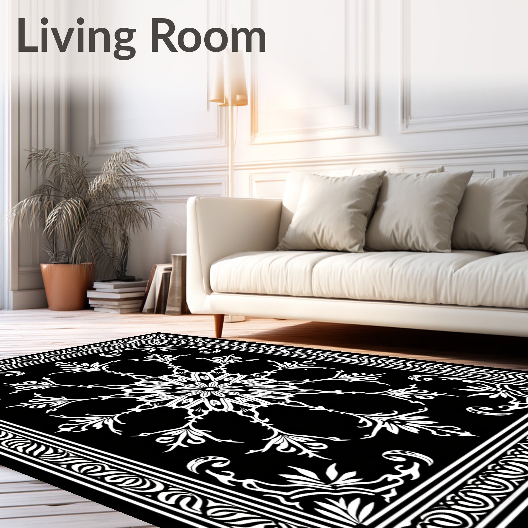 Black White Ornate Floral Mandala Rug